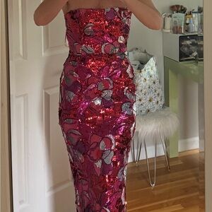 Glamorous Strapless Sequin Dress in Pink Floral